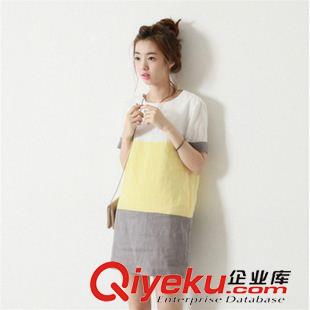 短袖棉麻大碼女裝 2015夏裝新款時尚學院風棉麻裙 寬松拼接撞色連衣裙女 一件代發原始圖片2