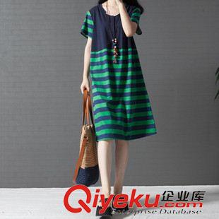 短袖棉麻大碼女裝 2015夏季韓版新款寬松大碼女裝條紋拼接短袖棉麻連衣裙女夏原始圖片2