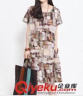 短袖棉麻大碼女裝 2015夏裝新款時尚拼接大碼胖mm女裝氣質撞色A字版棉麻連衣裙女