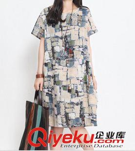 短袖棉麻大碼女裝 2015夏新款棉麻連衣裙女 時(shí)尚印花大碼女裝短袖寬松裙子一件代發(fā)原始圖片2