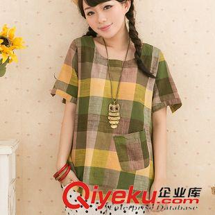 短袖棉麻大碼女裝 文藝格子寬松棉麻女裝大碼t恤圓領女式上衣2015夏裝新款女裝原始圖片3
