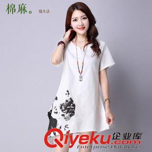短袖棉麻大碼女裝 2015夏新款寬松大碼女裝印花森女系棉麻連衣裙 V領(lǐng)不規(guī)則連衣裙女原始圖片2