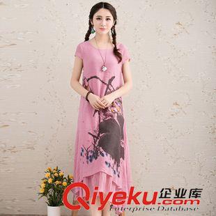 短袖棉麻大碼女裝 2015中國(guó)風(fēng)水墨印花短袖長(zhǎng)裙寬松大碼女裝森女系棉麻連衣裙女原始圖片2