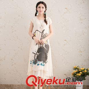 短袖棉麻大碼女裝 2015中國(guó)風(fēng)水墨印花短袖長(zhǎng)裙寬松大碼女裝森女系棉麻連衣裙女原始圖片3