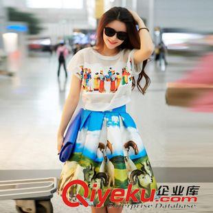 歐美系列 2015歐美時尚夏裝新款短袖網眼上衣+印羊百褶裙時髦女套裝裙