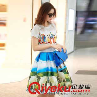 歐美系列 2015歐美時尚夏裝新款短袖網眼上衣+印羊百褶裙時髦女套裝裙
