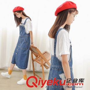 牛仔短褲 2015時尚韓版長款牛仔背帶純色連衣裙復古風單排扣口袋原始圖片2