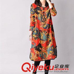 民族風款 2015秋季新款女裝復古民族風寬松大碼長袖寬松棉麻連衣裙原始圖片2