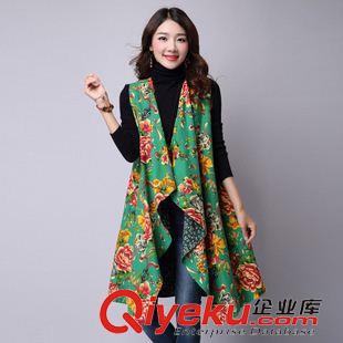 民族風款 2015秋季新款韓版兩面穿馬甲亞麻印花不對稱無袖外套女原始圖片2