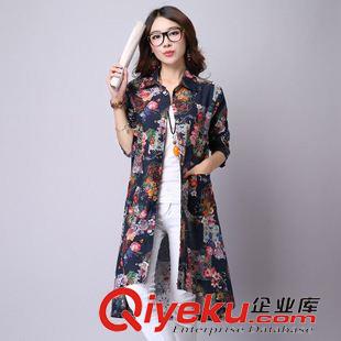 民族風款 2015秋季新款文藝風中長款修身長袖棉麻印花女士襯衣原始圖片2
