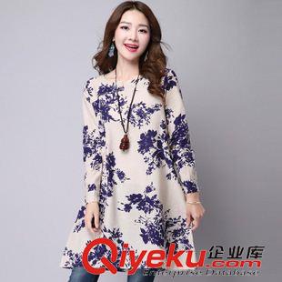 民族風款 2015新款韓版大碼女裝民族風棉麻印花寬松長袖連衣裙