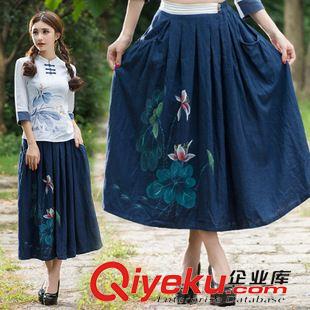 民族風款 2015秋裝素麻森女系手繪印花中袖七分袖連衣裙