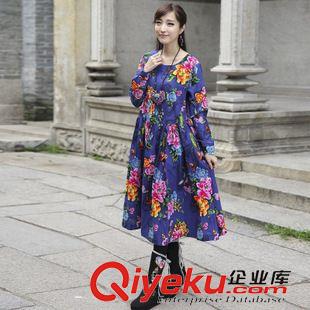 民族風(fēng)款 2015 秋冬新款 復(fù)古大花長袖印花棉麻連衣裙原始圖片3
