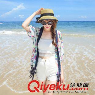 蕾絲雪紡衫 2015夏裝流蘇拼接羽毛印花開(kāi)衫防曬衣空調(diào)罩衫雪紡衫女原始圖片3