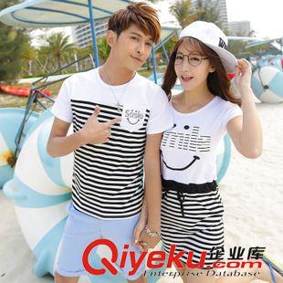情侶/休閑套裝 2015新款qlz情侶裝男女夏裝韓版韓國短袖t恤男搭拼色條紋連衣裙夏原始圖片3