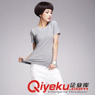 T恤衫 歐洲站2015新款夏季女裝時尚燙鉆彈力棉t恤女修身圓領(lǐng)短袖潮T恤衫原始圖片2