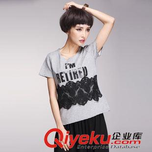 T恤衫 2015夏季新款韓版修身型燙印字母蕾絲拼接短袖休閑T恤女潮牌夏裝原始圖片3