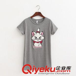 T桖系列 2015夏裝萌動字母貓咪 貼布圓領(lǐng)短袖女中長款T恤原始圖片3