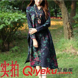 8月上新 2015秋季新款大碼印花棉麻連衣裙女裝 民族風(fēng)復(fù)古文藝長(zhǎng)裙襯衫裙原始圖片3