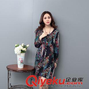 8月上新 2015秋季新款韓版寬松大碼女裝 開衫亞麻印花連衣裙原始圖片2