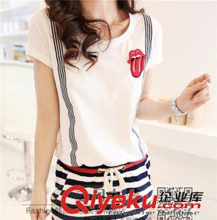 2015夏季新款連衣裙  2015夏季新款韓版潮流短袖圓領(lǐng)修身嘴唇條紋連衣裙 女裝批發(fā)原始圖片2