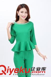 Ebay.亞馬遜 熱賣 2014年秋裝歐洲站小香風(fēng)女裝荷葉邊裙擺上衣長褲套裝原始圖片3