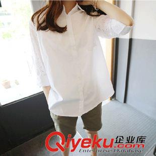 Ebay.亞馬遜 熱賣 2015新款大碼女氣質(zhì)甜美長(zhǎng)袖蝙蝠袖繡花鏤空寬松白襯衫女襯衣原始圖片3