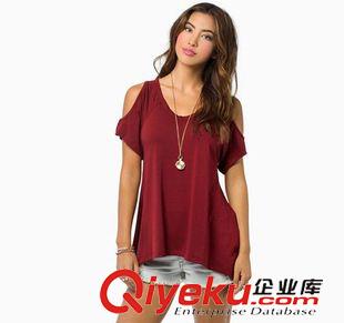 Ebay.亞馬遜 熱賣 夏季女裝ebay速賣通熱賣歐美風V領露肩短袖魚尾不規則下擺T恤