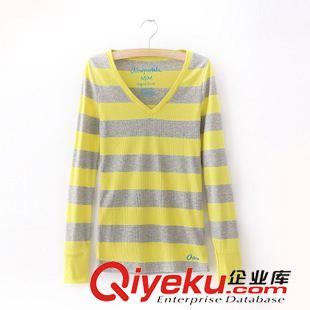T恤 外貿(mào)原單女士寬松條紋T恤定做 女式V領(lǐng)打底衫長(zhǎng)袖廠家定制原始圖片2
