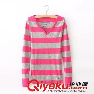 T恤 外貿(mào)原單女士寬松條紋T恤定做 女式V領(lǐng)打底衫長(zhǎng)袖廠家定制原始圖片3