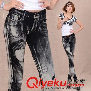 牛仔褲 2013新款條紋拼布排扣牛仔褲女小腳牛仔休閑哈倫褲女高腰韓版