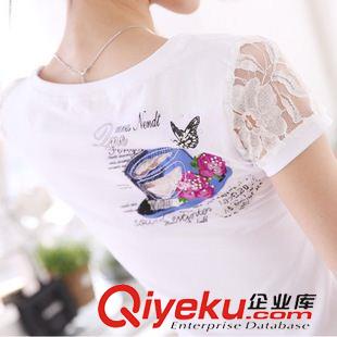 T恤休閑衫 2015T恤女短袖純白色夏季半袖tshirt圓領(lǐng)nv修身蕾絲拼接T恤