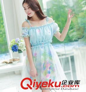 無袖連衣裙 2015夏季時尚新款印花一字領吊帶雪紡連衣裙小清新短裙原始圖片2