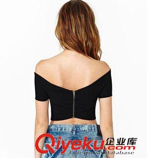女士夜店裝 廠家熱批2015新款歐美性感胸前交叉后背拉鏈露背露肩裹胸短款T恤原始圖片3