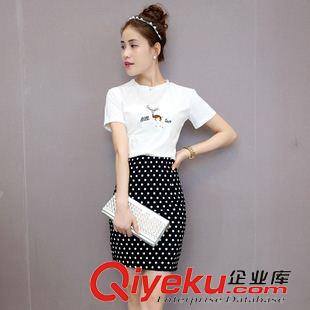 套裝 小香風(fēng)套裝2015新款小清新甜美刺繡小鹿t恤+波點半身裙兩件套裝原始圖片2