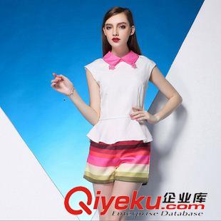 套裝 歐洲站套裝2015夏裝新款娃娃領(lǐng)短袖荷葉邊雪紡衫上衣條紋短褲套裝