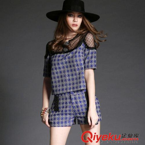 套裝 2015 春夏 女裝 歐美時尚短袖蕾絲千鳥格修身兩件套裝短褲套裝原始圖片3