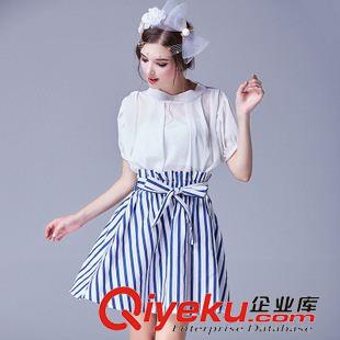 套裝 歐洲站新款雪紡上衣兩件套+豎條紋半身裙大擺短裙套裝 小香風套裝