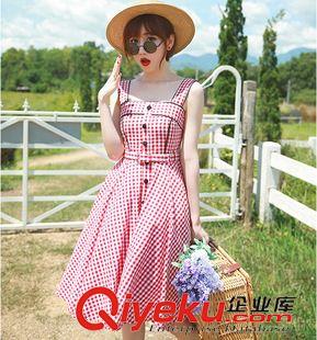 夏裝連衣裙 2015夏季女新款格子大擺連衣裙 俏麗田園文藝范復(fù)古吊帶連衣裙 女原始圖片2