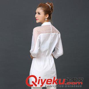 時尚歐美風(fēng) 2015春夏新品氣質(zhì)翻領(lǐng)燙鉆透視袖收腰長款襯衫連衣裙 歐美連衣裙原始圖片3