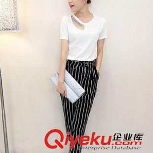 日韓潮流 歐洲站2015夏季新款女裝名媛小香風(fēng)時(shí)尚顯瘦休閑闊腿褲套裝女款