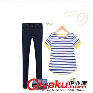 淘寶爆款 夏裝新款夏款純棉上衣打底衫女裝大碼細橫藍條紋t恤女修身短袖潮原始圖片2