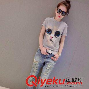 3月第三期 2015女裝新款夏季時(shí)尚個(gè)性貓咪圖案百搭T恤短袖 女式修身印花t恤原始圖片2
