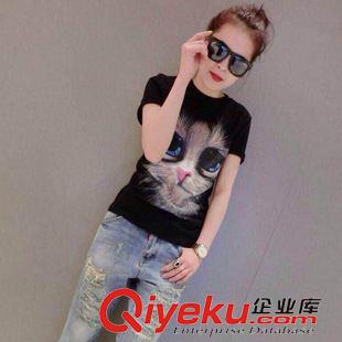 3月第三期 2015女裝新款夏季時(shí)尚個(gè)性貓咪圖案百搭T恤短袖 女式修身印花t恤原始圖片3