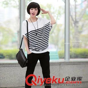 4月{dy}期 夏裝新款女裝蝙蝠衫2015女式寬松條紋短袖t恤 女韓版大碼恤衫批發(fā)原始圖片2