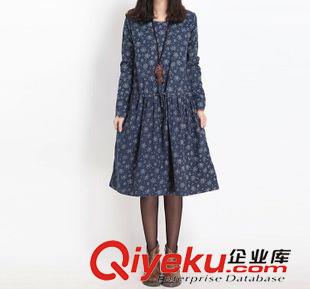 9月10上新 2015秋裝新款文藝范大碼女裝 顯瘦碎花長袖中長款棉麻連衣裙