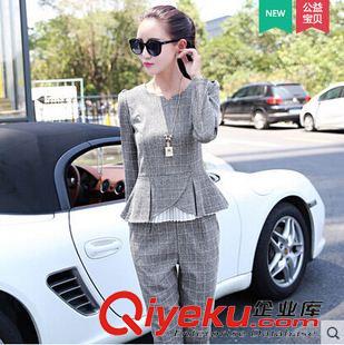 女士休閑套裝 2015秋季新品格子時尚套裝女歐洲站休閑棉麻上衣長褲兩件套原始圖片2