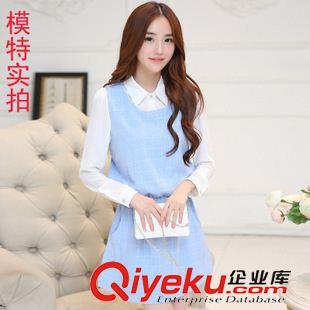 9月{dy}波 2015秋款女裝新款通勤韓版翻領(lǐng)雪紡棉麻拼接假兩件長袖連衣裙原始圖片3