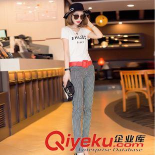 8月{dy}波 實拍2015秋季女裝新款有意思 超美紅腰帶豎條紋修身翻邊9分褲潮原始圖片2