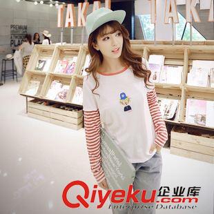 7月第二波 長袖t恤女2015秋季新款大碼純棉女裝上衣拼接條紋長袖打底衫原始圖片2